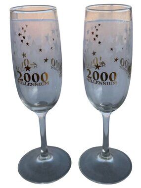 Set of 2 VINTAGE Clear & Gold 2000 Millennium 6 oz. Champagne Flutes 8" Tall